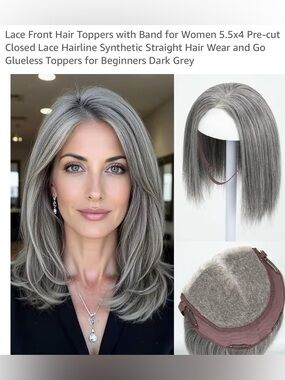 Front Hair Topper with Band - Dark Grey Synthetic Lace Hairline